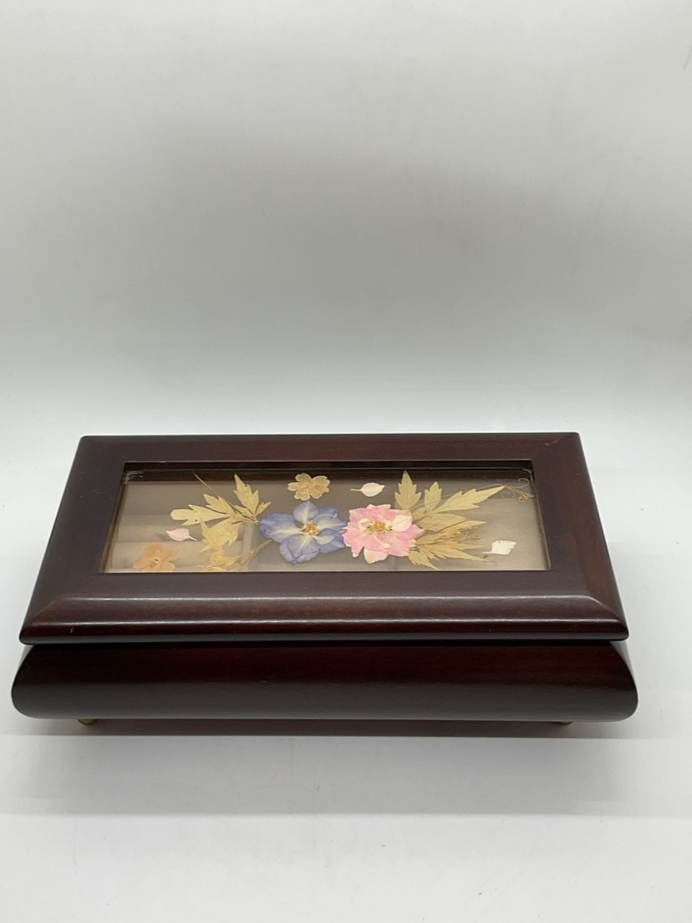 Vintage Bombay Company Floral Inlay Wooden Music Box - Plays Love story